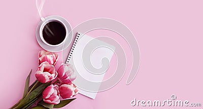 Cup of coffee notebook flower tulip romance decor on colored background Stock Photo