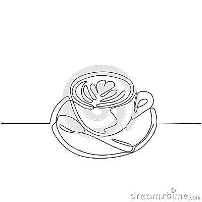 Cup of coffee one line drawing with plate and spoon. Continuous hand drawn single lineart simplicity design Vector Illustration