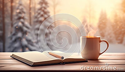 Cup of coffee, opened notebook and pencil on table against winter forest snowy background. Composition for Christmas planning Stock Photo