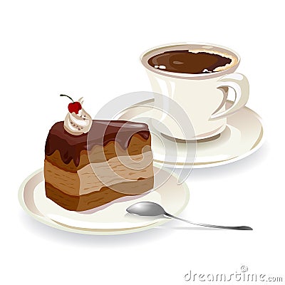 Cup of coffee and a piece of cake Cartoon Illustration