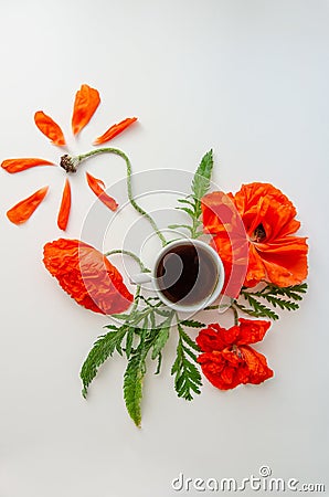 Cup of coffee and poppy flowers composition on a light gray background Stock Photo