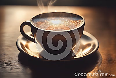 A cup of coffee rests gently on a polished wooden table Stock Photo