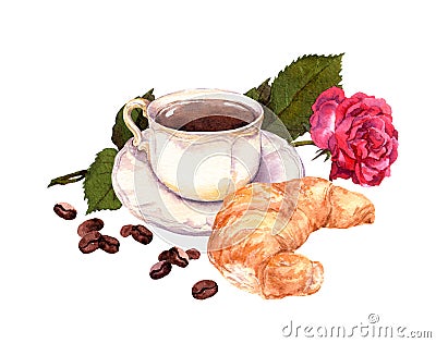 Cup of coffee, rose flower and croissant. Watercolor Stock Photo