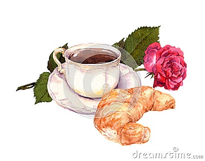 Cup of coffee, rose flower and croissant. Watercolor Stock Photo