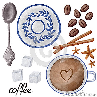 Cup of coffee, saucer, spoon, sugar, coffee, cinnamon. A set of images on the theme of coffee in a watercolor style. Cartoon Illustration