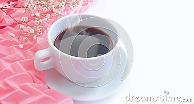 Cup of coffee, scarf feminine morning on a colored background Stock Photo