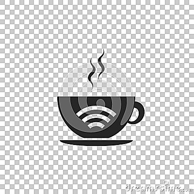 Cup of coffee shop with free wifi zone icon isolated on transparent background. Internet connection placard Vector Illustration