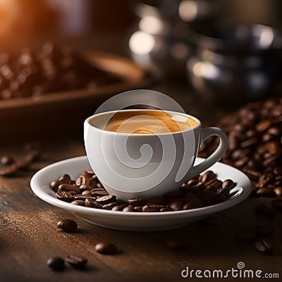 A cup of coffee sits on a plate next to other coffee beans Stock Photo