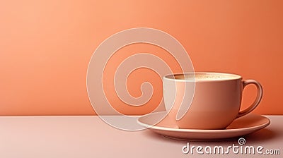 A cup of coffee sits on a saucer, peach fuzz, trendy color of the year 2024. Stock Photo