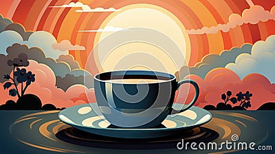 A cup of coffee sits on a saucer, sunset with sun and clounds behind. Stock Photo