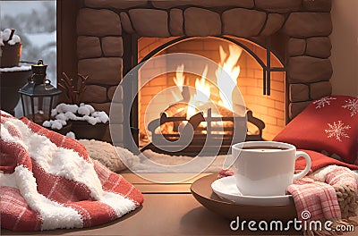 A cup of coffee sits on a table in front of a fireplace, The fireplace is lit, and the flames cast a warm glow on the walls and Stock Photo