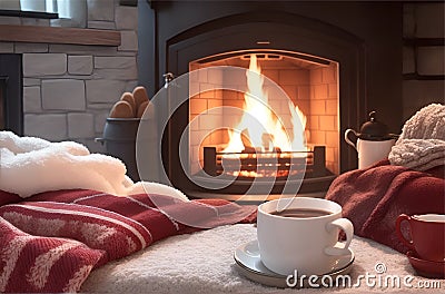 A cup of coffee sits on a table in front of a fireplace, The fireplace is lit, and the flames cast a warm glow on the walls and Stock Photo