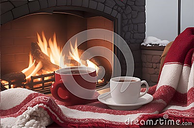 A cup of coffee sits on a table in front of a fireplace, The fireplace is lit, and the flames cast a warm glow on the walls and Stock Photo