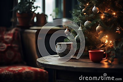 a cup of coffee sits on a table near a christmas tree Stock Photo