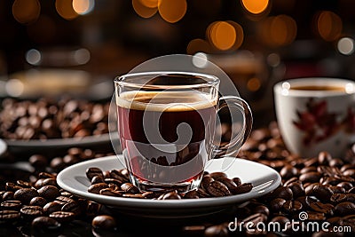 a cup of coffee sits on top of coffee beans Stock Photo