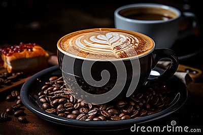 a cup of coffee sits on top of coffee beans Stock Photo