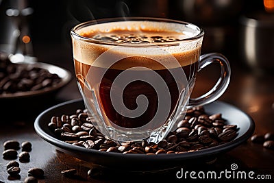 a cup of coffee sits on top of coffee beans Stock Photo