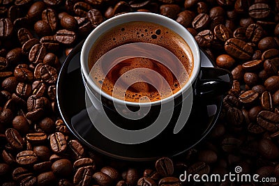 a cup of coffee sits on top of coffee beans Stock Photo
