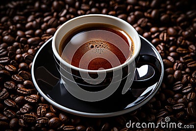 a cup of coffee sits on top of coffee beans Stock Photo