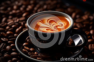 a cup of coffee sits on top of coffee beans Stock Photo