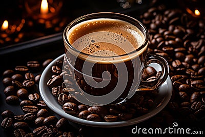 a cup of coffee sits on top of coffee beans Stock Photo