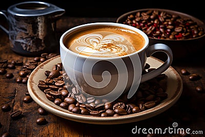 a cup of coffee sits on top of coffee beans Stock Photo