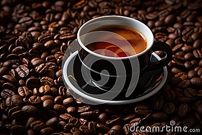a cup of coffee sits on top of a pile of coffee beans Stock Photo