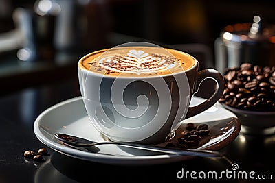 a cup of coffee sits on top of a saucer Stock Photo