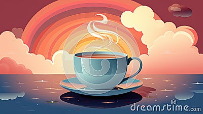 A cup of coffee sitting on top of a saucer, sunset with sun and clounds behind. Stock Photo