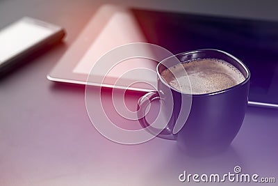 Cup of coffee, smartphone and digital tablet Stock Photo