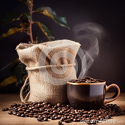 Cup of coffee with smoke and coffee beans in burlap sack Cartoon Illustration