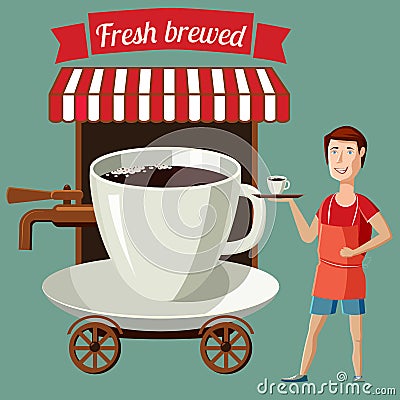 A cup of coffee stylized street cafe on wheels, barista , cartoon Cartoon Illustration