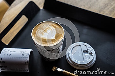 Cup of coffee and sugar on table tray Stock Photo