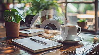 A cup of coffee on a table next to some notepads, AI Stock Photo