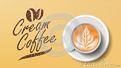 Cup Of Coffee Vector. Orange Background Top View. Cream Coffee Mug. Caffeine Hot Drink. Illustration Vector Illustration