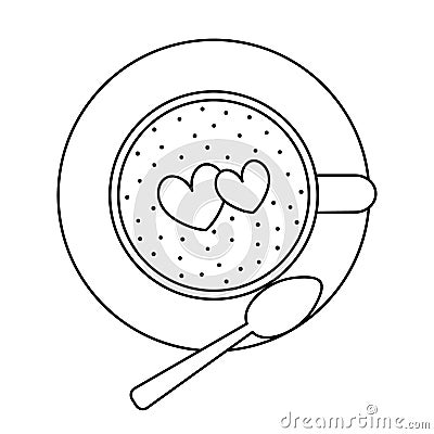 Cup of coffee. View from above. There is a spoon on the saucer. Sketch. Heart-shaped foam on the drink. Latte art. Vector. Vector Illustration