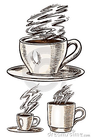 A cup of coffee in vintage style. Hand drawn engraved retro sketch for labels. Hot drink. Cappuccino Espresso Latte Vector Illustration