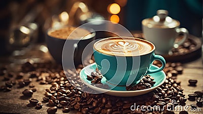 cup coffee,vintage, tasty latte art, grains beverage design creative product Stock Photo