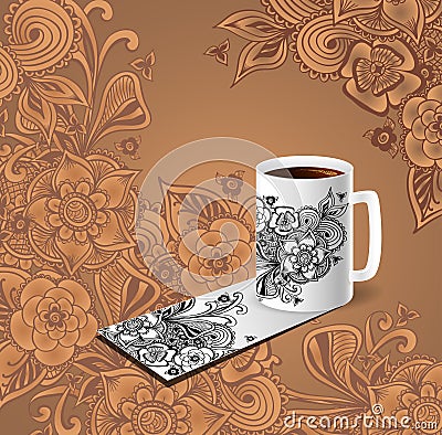 Cup of coffee visit card decorate doodle flowers Vector Illustration