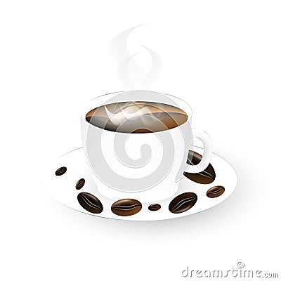 Cup of coffee white background with coffee beans Vector Illustration