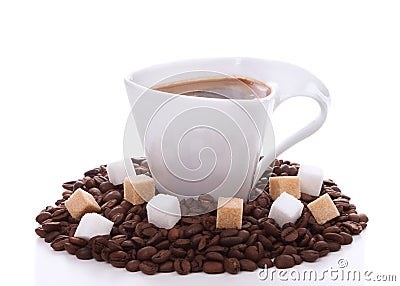 Cup of coffee with white and brown cubes sugar Stock Photo