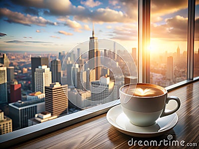 Cup of coffee on the windowsill and cityscape background Stock Photo