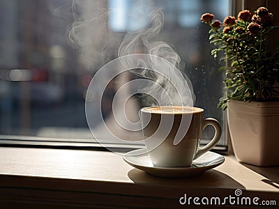 Cup of coffee on the windowsill Stock Photo
