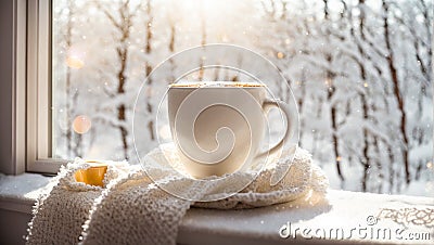 Cup of coffee windowsill, scarf on the background of the window Stock Photo