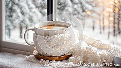 Cup of coffee windowsill, scarf on the background of the window home Stock Photo