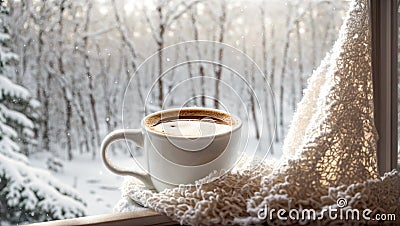 Cup of coffee windowsill, scarf on the background of the window decoration mug christmas Stock Photo
