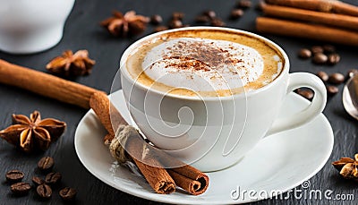 Cup of delicious cappuccino with cinnamon. Dried anise flower and coffee beans on table Stock Photo
