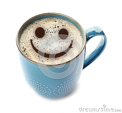 Cup of delicious hot coffee with foam and smile on white background. Happy morning, good mood Stock Photo