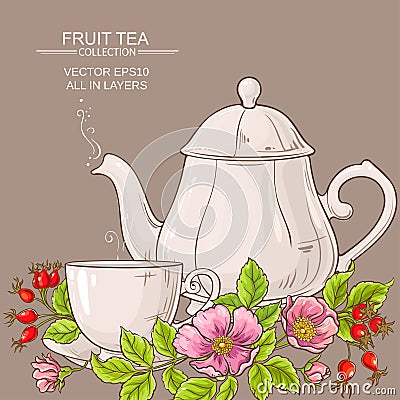 Cup of dog rose tea and teapot Vector Illustration