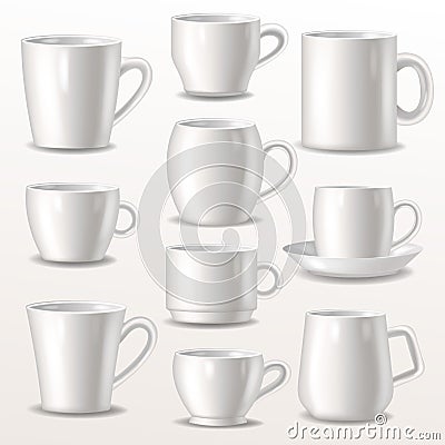 Cup empty mugs for coffee or tea for branding and simple teacup of various shapes illustration set of white cupful or Cartoon Illustration